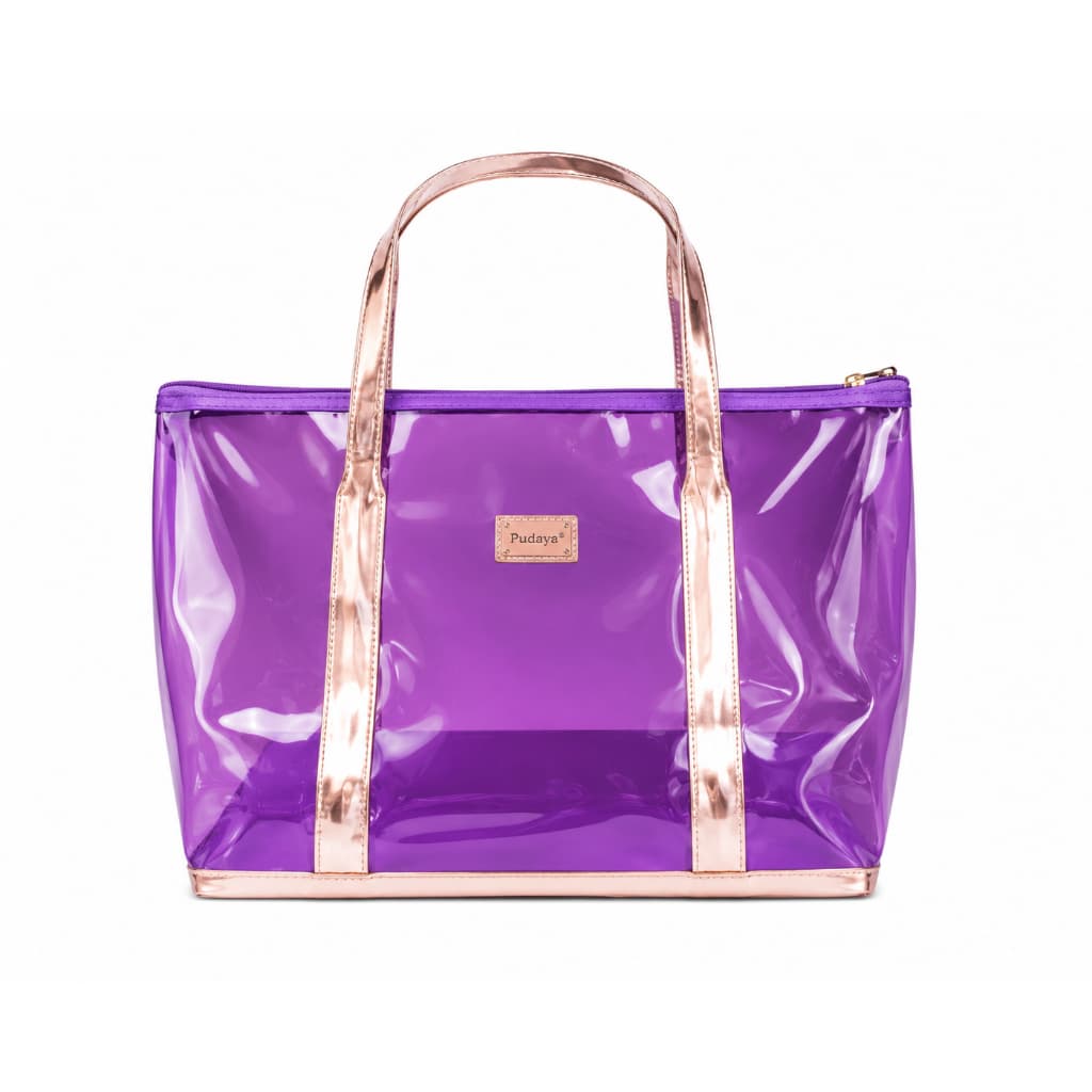 Bolsa Feminina Transparente Roxa em PVC com Zíper e Alças Metalizadas 41x30x17cm