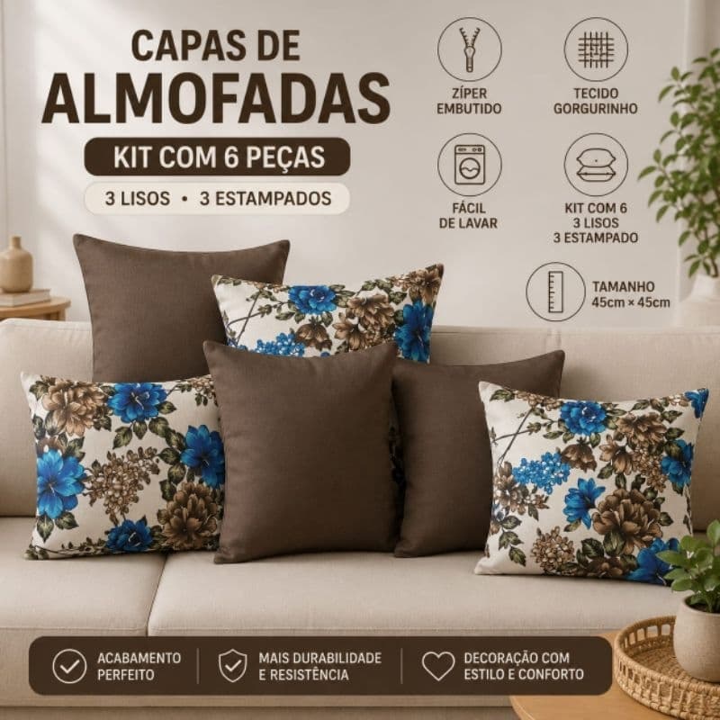Capas de Almofada Decorativas 45x45 – Kit com 6 Peças em Gorgurinho