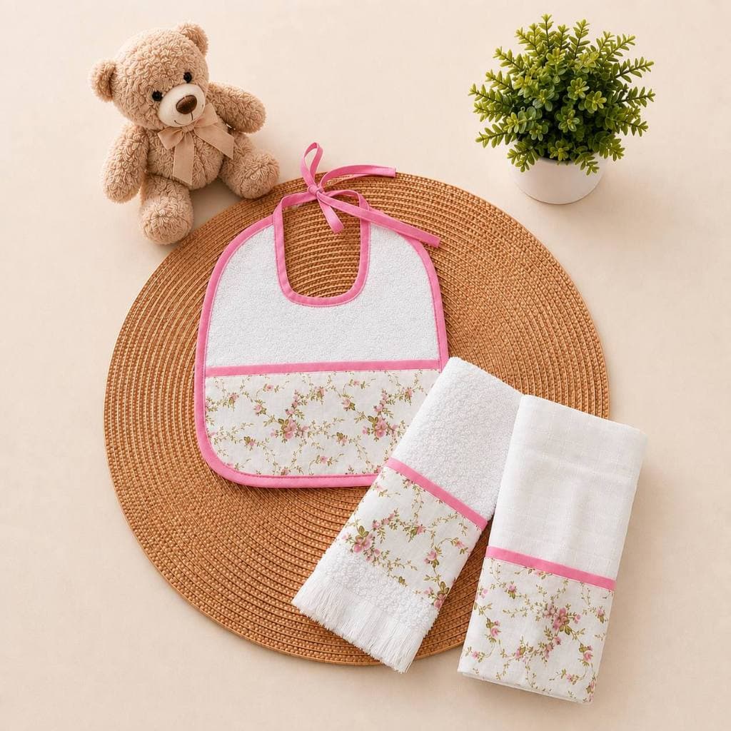 Kit Higiene Bebê 3 Peças Babador Fraldinha de Boca Toalhinha de Rosto 100% Algodão Menina e Menino
