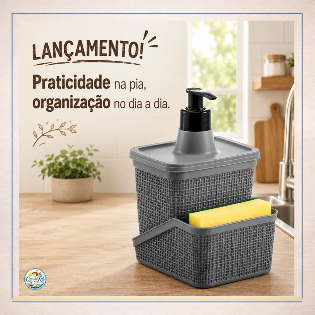 Porta Detergente Dispenser e Esponja Bucha com Bico Dosador Organizador Pia Moderno Compacto 600ml