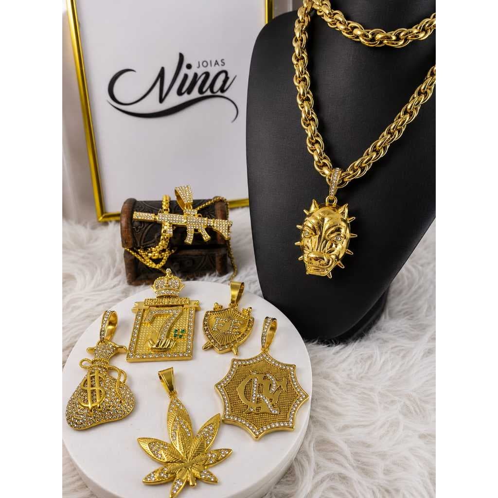 Colar + Pingente Sete Simbolo de Sorte Cravejado Banhado A Ouro Aço Inoxidável + Pingentes Variados Cravejados