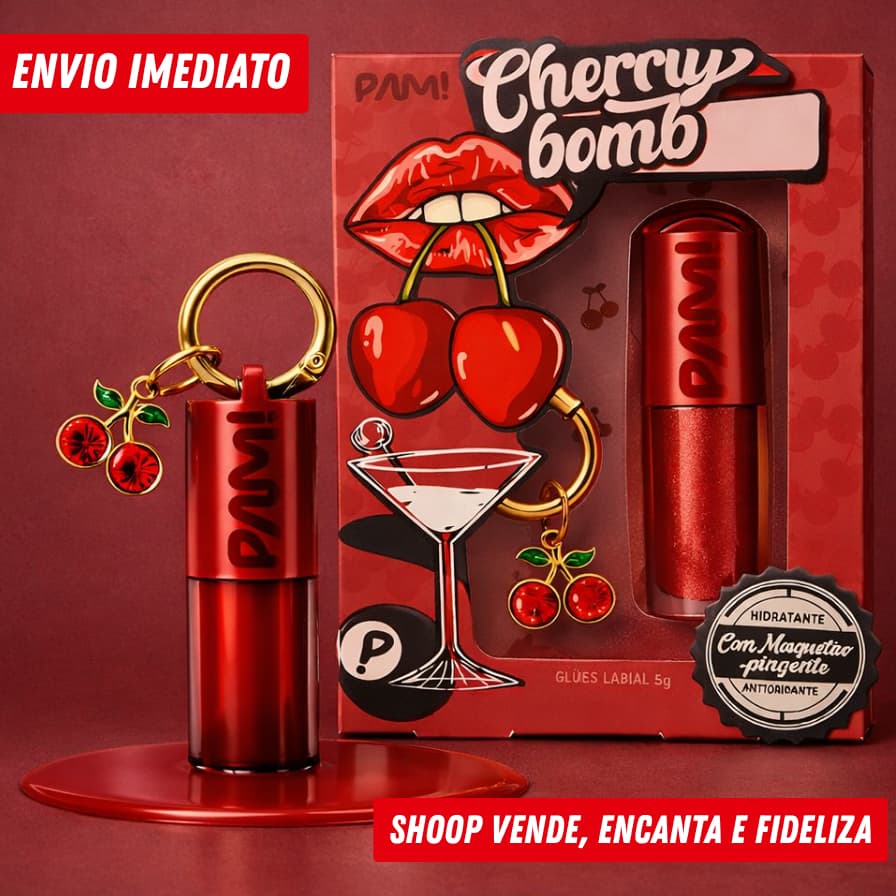 Gloss Labial Cherry Bomb 5g Pam! | Com Mosquetão + Pingente - Brilho Laqueado