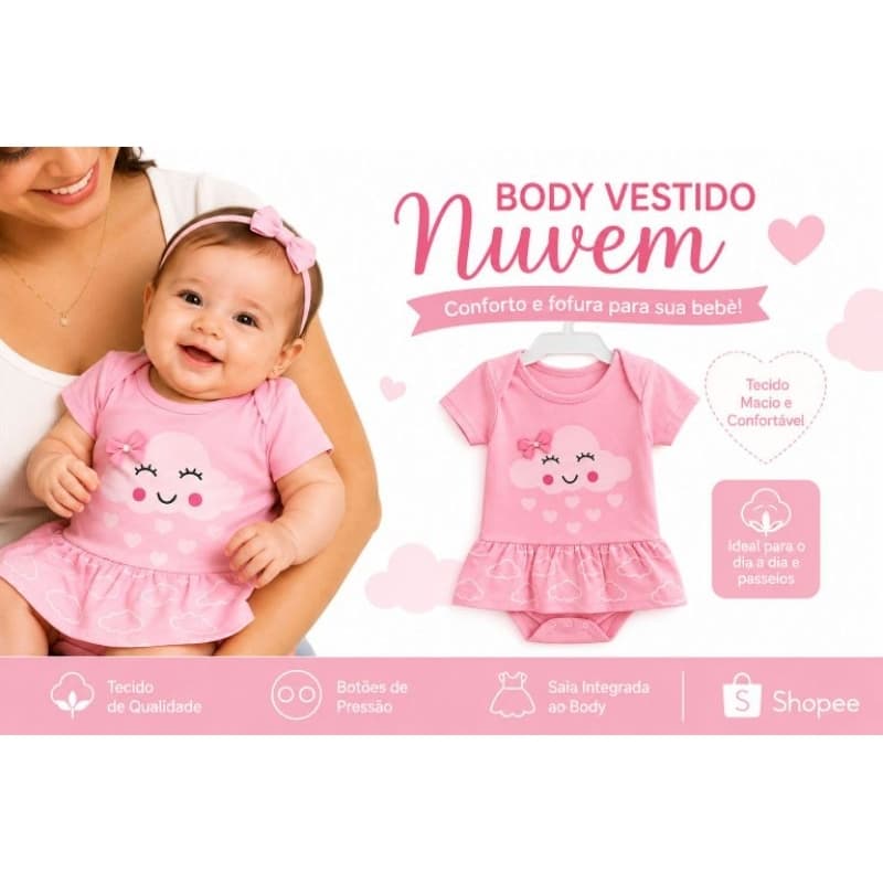 Body Vestido Bebê Menina Nuvem Rosa | Roupa Infantil Manga Curta Confortável