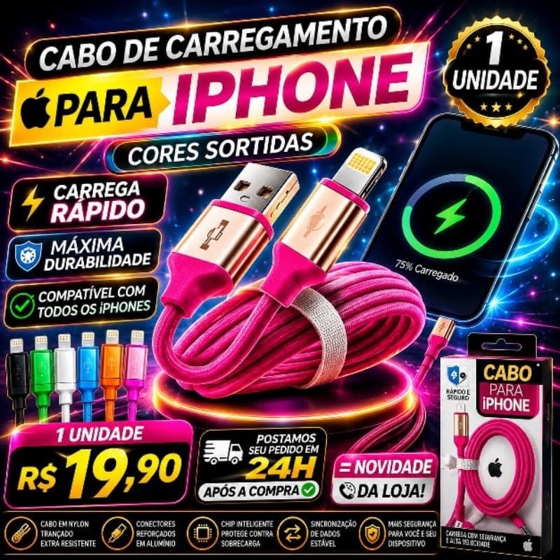 Cabo de Carregamento para iPhone 1,20m Lightning Cores Sortidas Carregamento Rápido Envio 24h