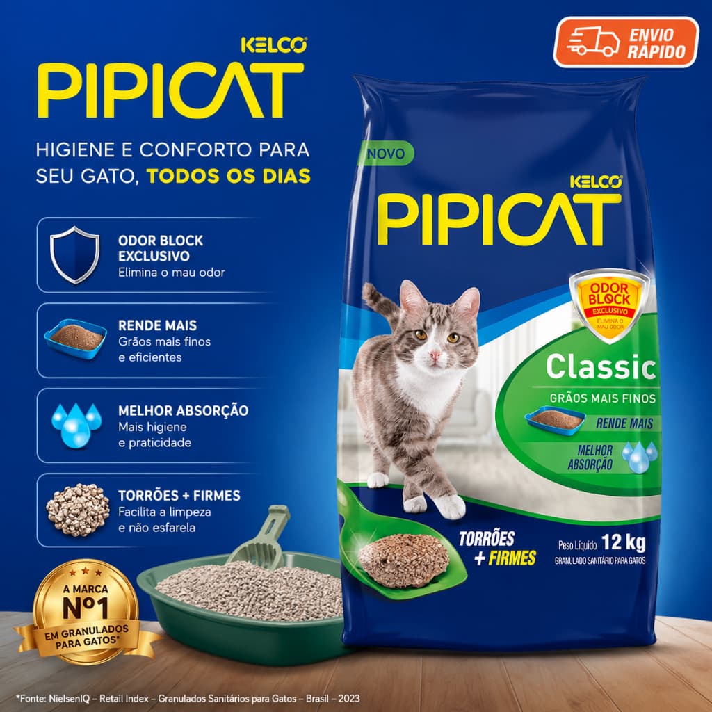 Areia Higiênica Pipicat Classic Grãos Finos 4/12/20 kg