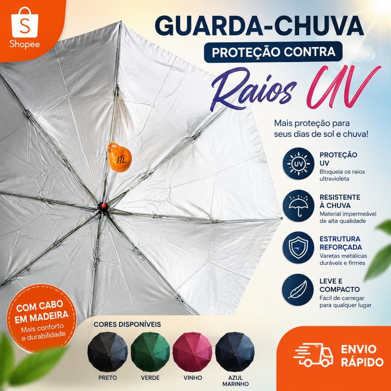 Guarda-Chuva UV Dobrável 120cm 8 Varetas Cabo Madeira Resistente Compacto Preto Verde Azul Vinho