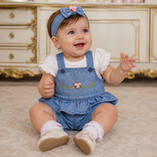Roupa de bebe -Jardineira Jeans com Bordado de Flores e strass + Blusa – Brokinha | Bebê Menina | 2 Peças Ref 4445