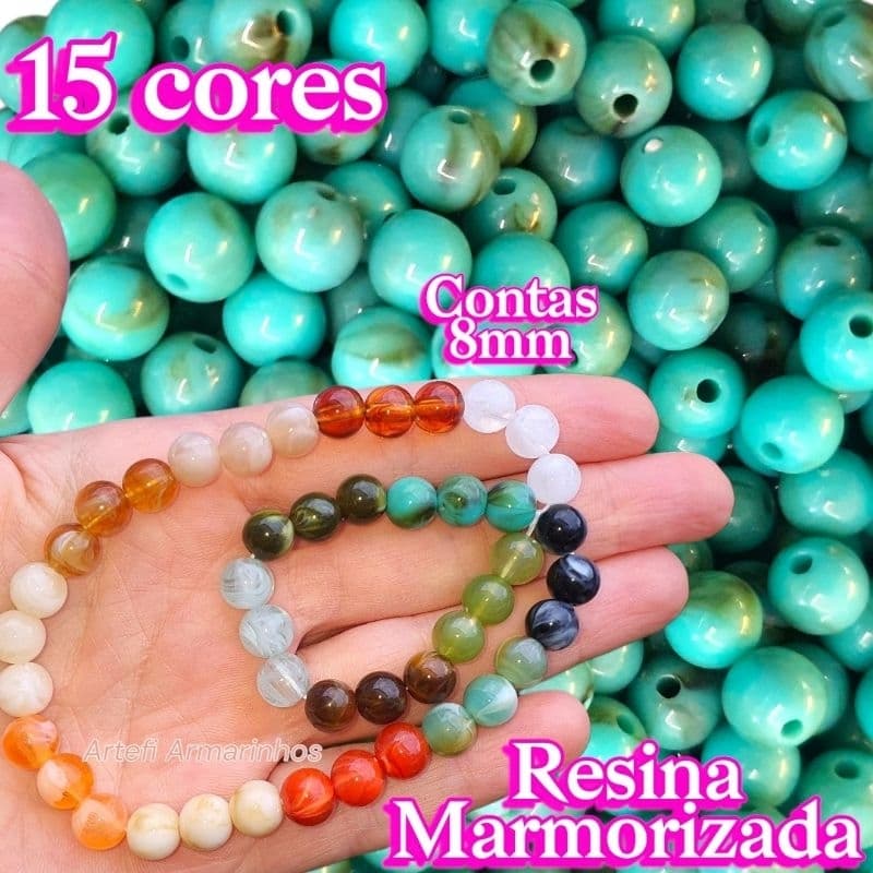 Missanga para terço 8mm 20gr Bolinha resina 70uni aprox Marmorizada SUPER BRILHO