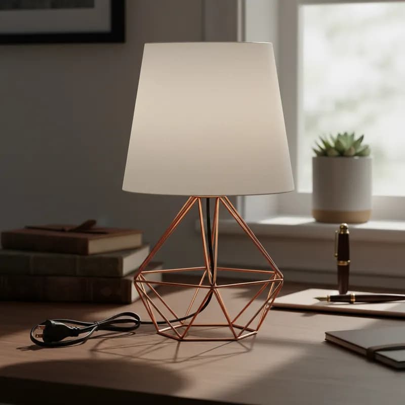 Abajur Luminária de Mesa Base Diamante Aramado C/ Cúpula Tecido Bivolt