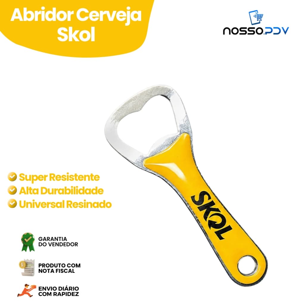 Abridor de Garrafa Skol em Aço Inox 10cm Para Cerveja, Refrigerante, Bar e Cozinha