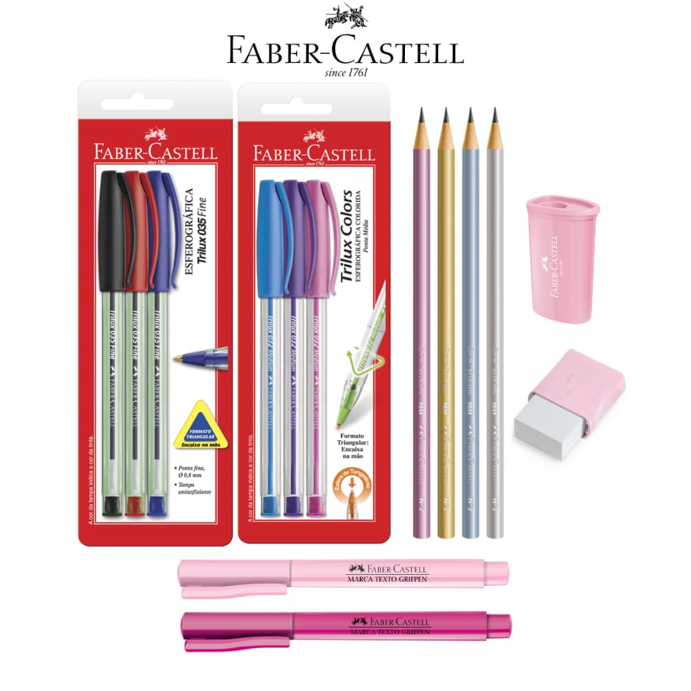 Kit Material Escolar Volta às Aulas Faber Castell com Caneta Lápis Borracha Apontador e Marca Texto