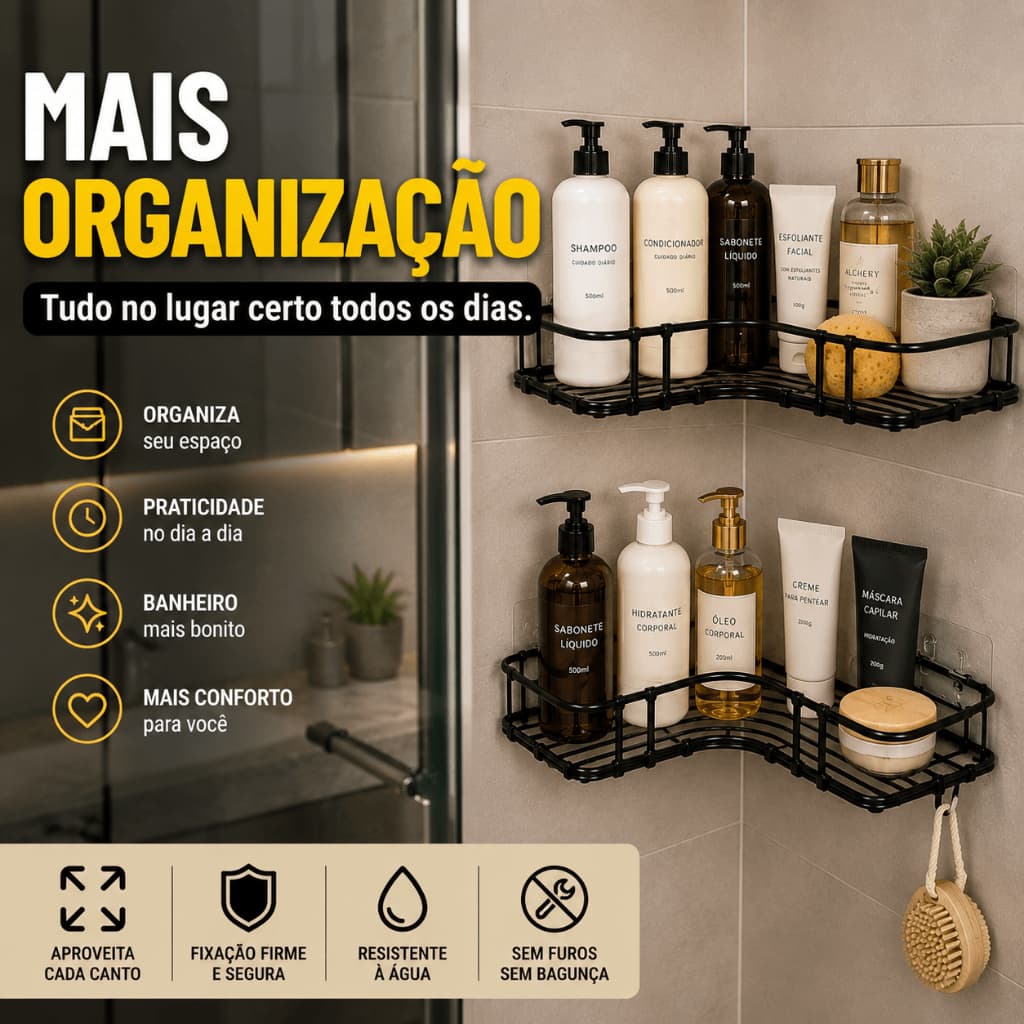 Prateleira de Canto para Banheiro Sem Furo Kit 2 Porta Shampoo Organizador de Banheiro Preto