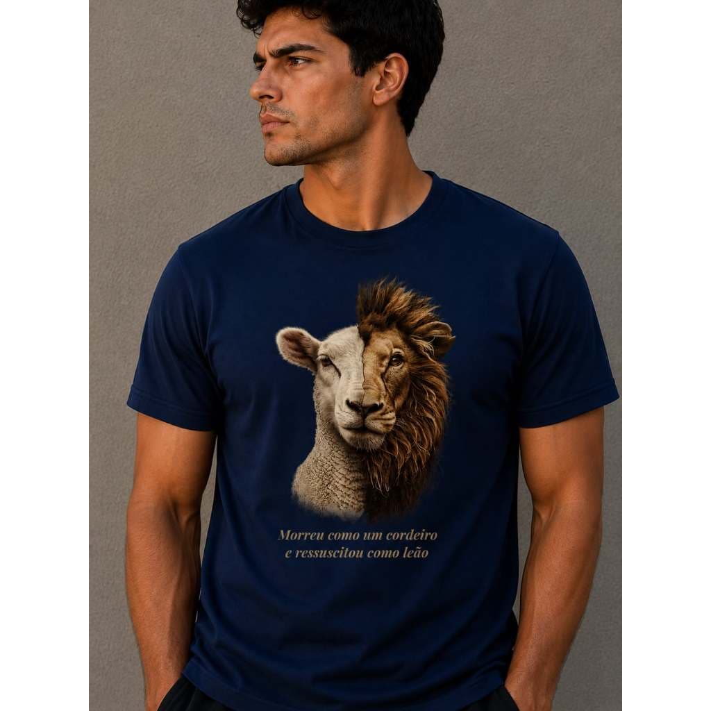 Camiseta Gospel Cristã Leão e Cordeiro Moda Evangélica 100% Algodão Premium