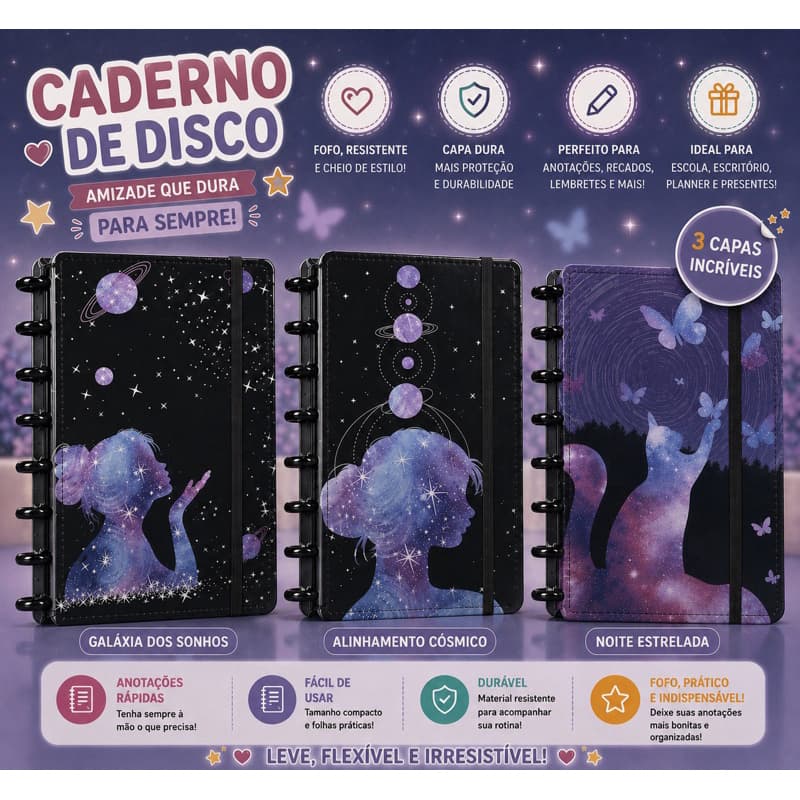 Caderno de Disco A5 Capa Dura 8 Discos Estampa Galáxia | Com Elástico