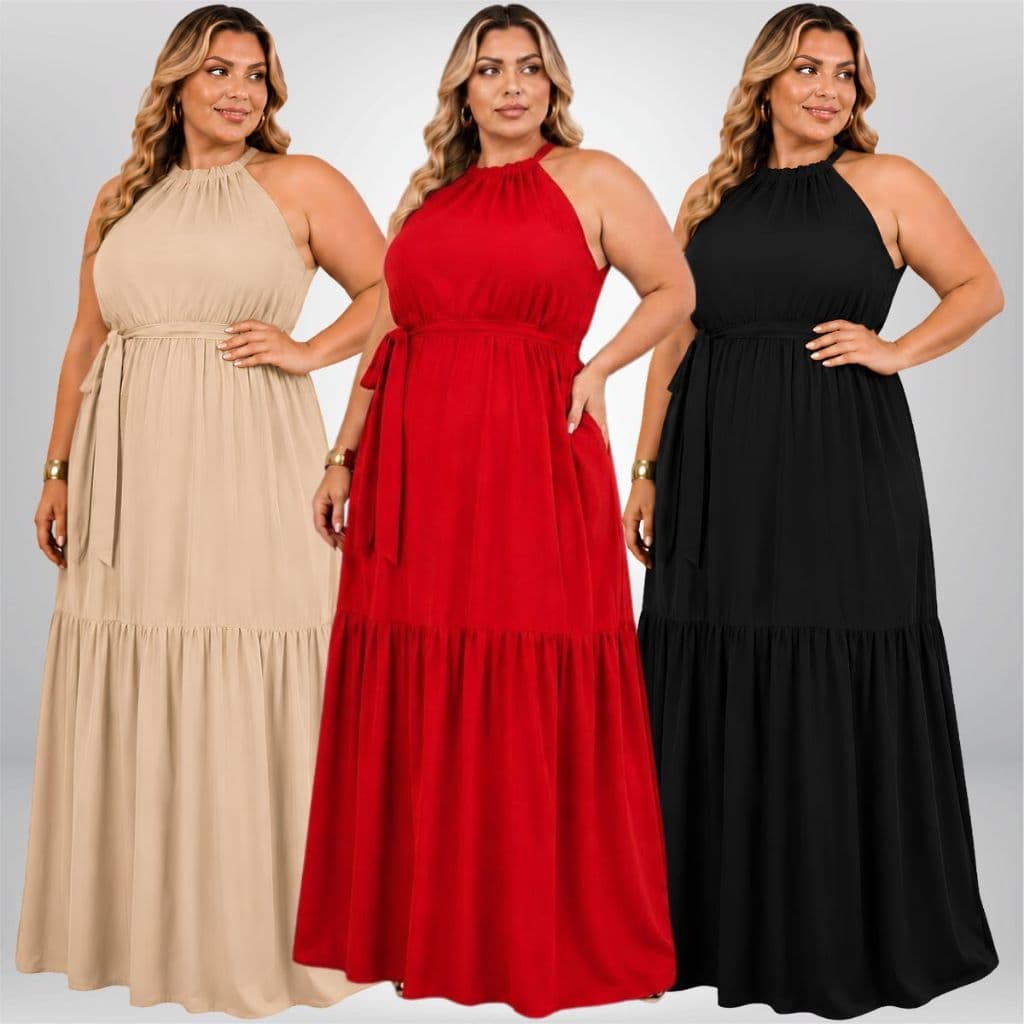 Vestido Longo Plus Size Feminino Gola Alta Elegante Soltinho Casual 46 ao 50