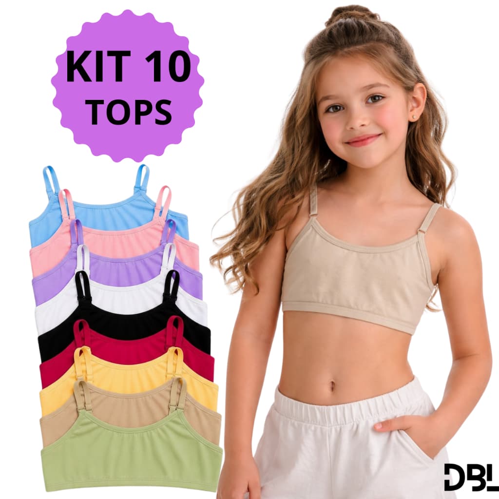 Kit 10 Top Infantil Juvenil Teen Menina Algodão Sutia Sem Bojo Alça Ajustavel Básico Usar Uniforme