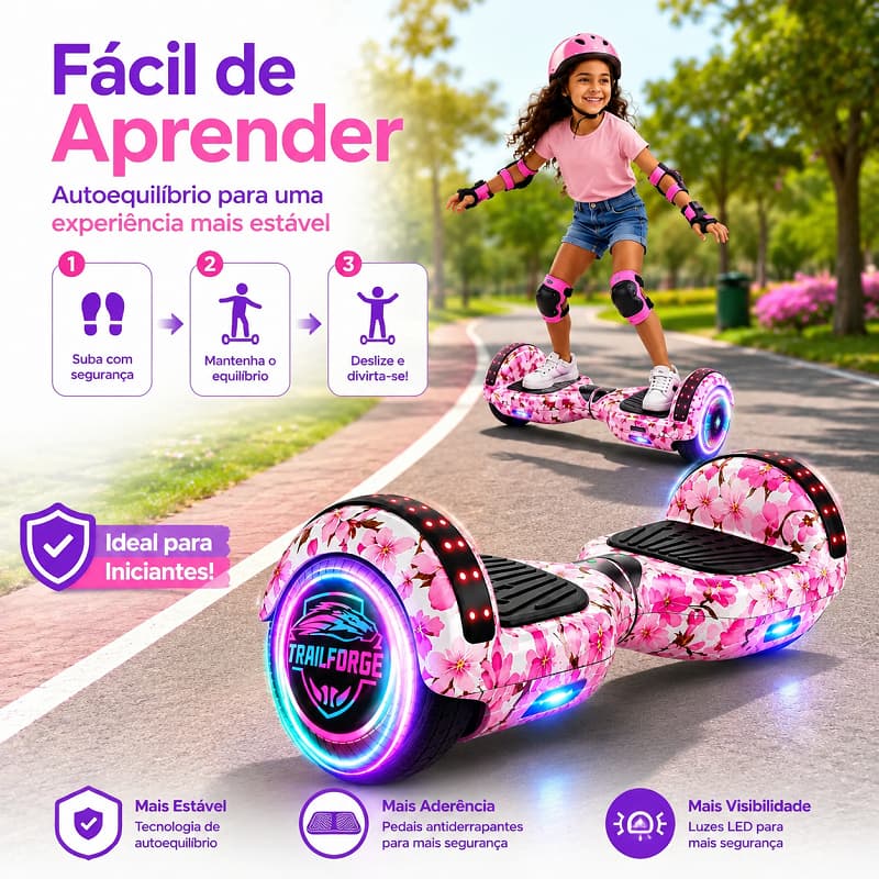 Hoverboard Elétrico 6.5 Polegadas Bluetooth Luz LED Estrelada Roxo Com Kit Acessórios