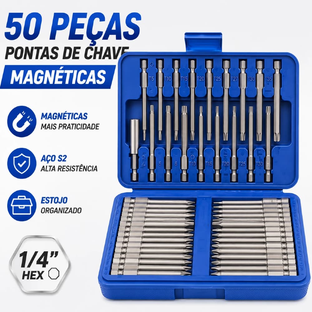 Kit 50 Bits Magnéticos em Aço para Parafusadeira, Encaixe Hexagonal Universal 1/4", Portátil