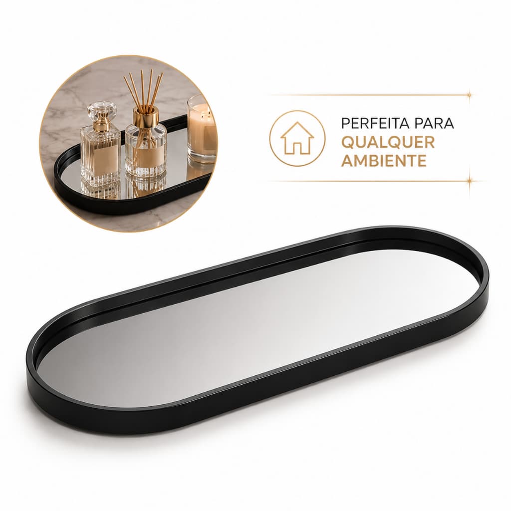 Bandeja Decorativa Espelhada Porta Objetos Preta Oval