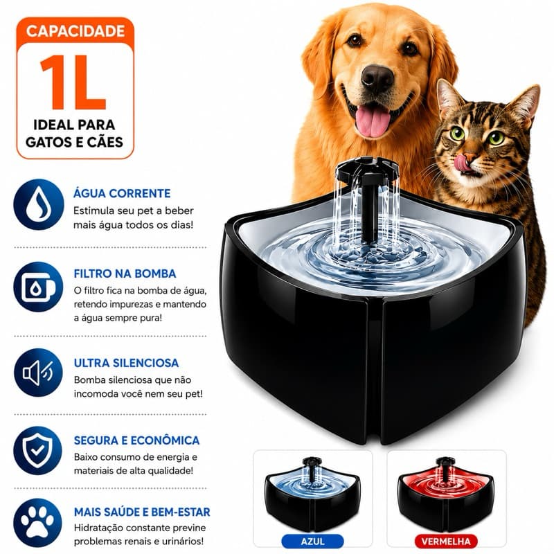 Fonte Bebedouro Pet Automático 1L Água Corrente com Filtro Silencioso para Gatos e Cachorros