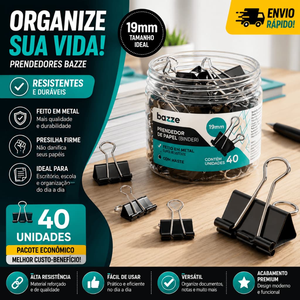 Prendedor de Papel Binder Clip Preto 19mm Bazze com 40 Unidades para Escritório e Escola