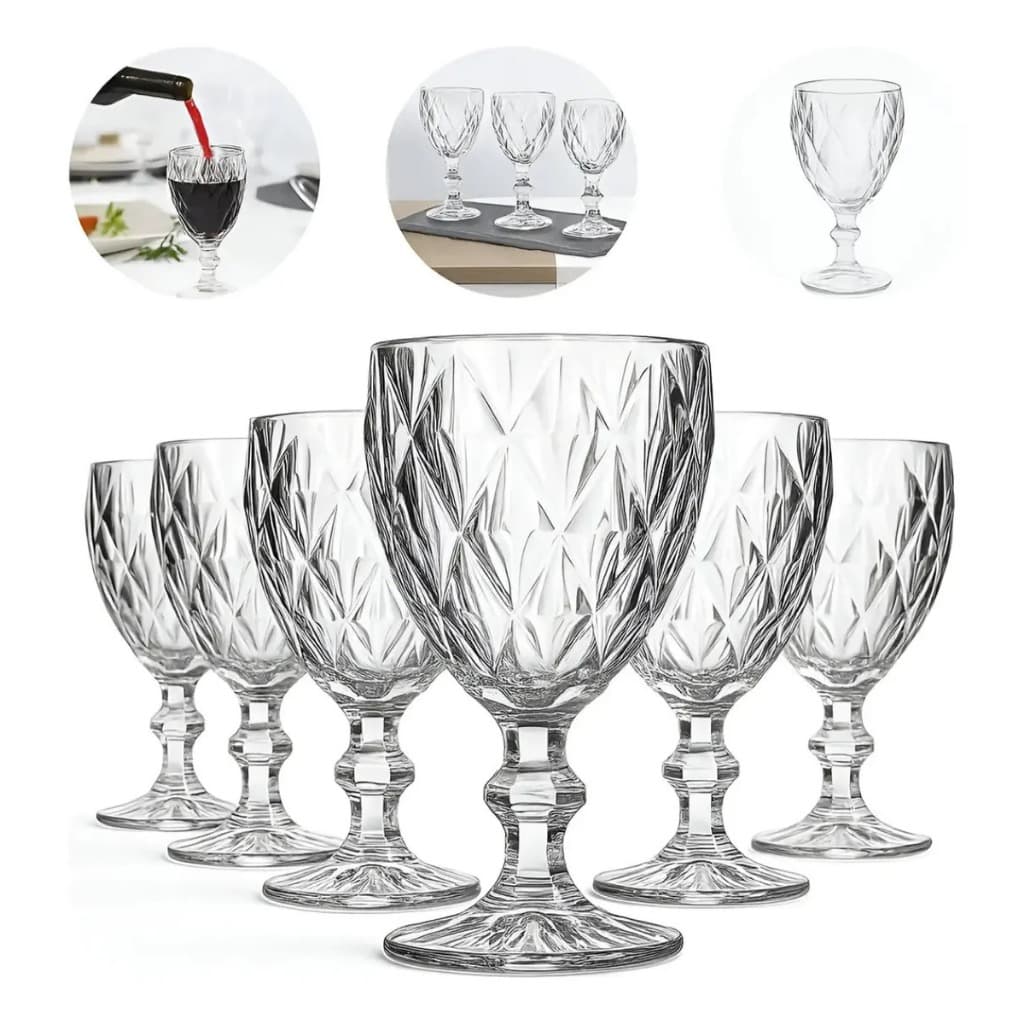 Kit 6un Taça Diamante Lapidada 340ml Para Vinho E Drink