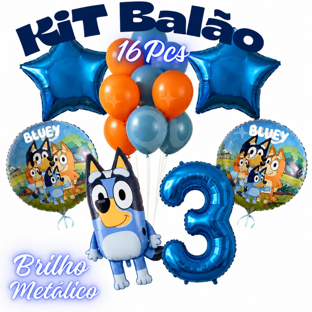 Kit 16 Balão Bluey Metalizado Número 70cm Festa Decoração