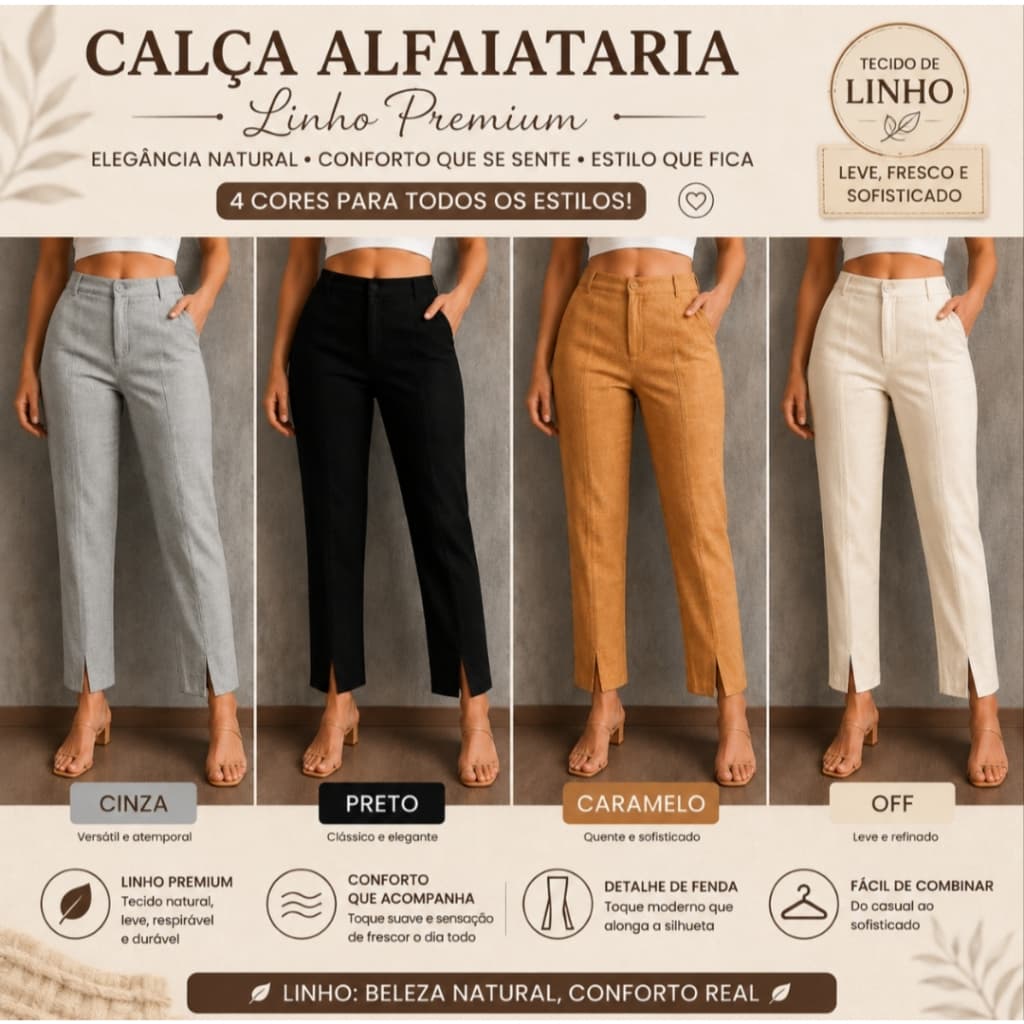 Calça Alfaiataria Feminina em Linho Premium | Cintura Alta | Elegante e Confortável | Cinza, Preta, Caramelo e Off