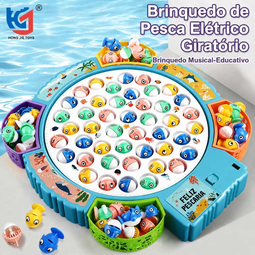 Jogo Pega Peixe Gigante Elétrico Giratório Musical 45 Peixes 4 Varas Pescaria Infantil Brinquedo Educativo Criança