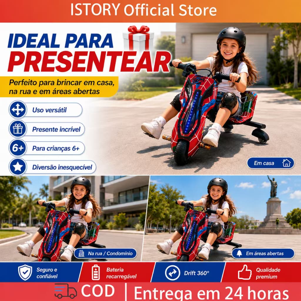 Triciclo Elétrico Drift Infantil 8' 6' Polegadas LED 250W 350W 3 Velocidade Bluetooth Patinete Mola