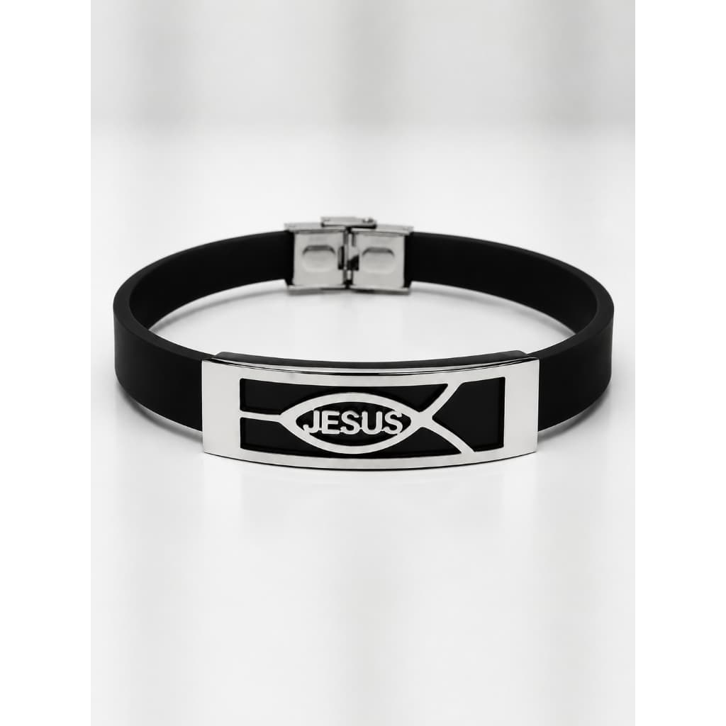 Pulseira Masculina Jesus em Silicone Preto com Aço Inoxidável – Símbolo Cristão de Fé e Estilo