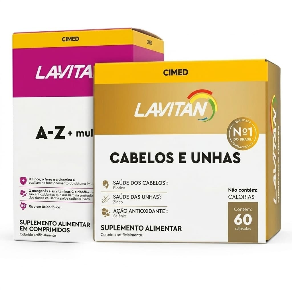 Kit Multivitamínico Lavitan AZ Mulher + Cabelos e Unhas 120Comp Rico em Vitaminas Ferro Ácido Fólico