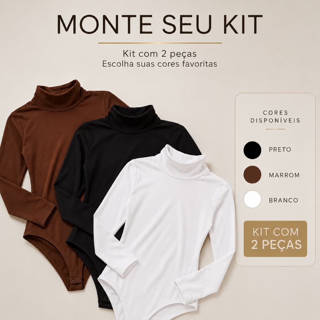 Body Feminino Manga Longa Gola Alta Suplex Confortável | Opções 1 Unidade, Kit 2 e Kit 3