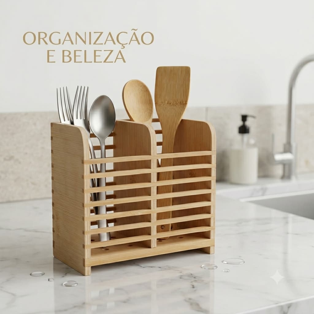 Organizador de Talheres em Bambu com 2 Compartimentos com Escoamento - Porta Talher Escorredor 2 Cavidades e Ralo - Pia