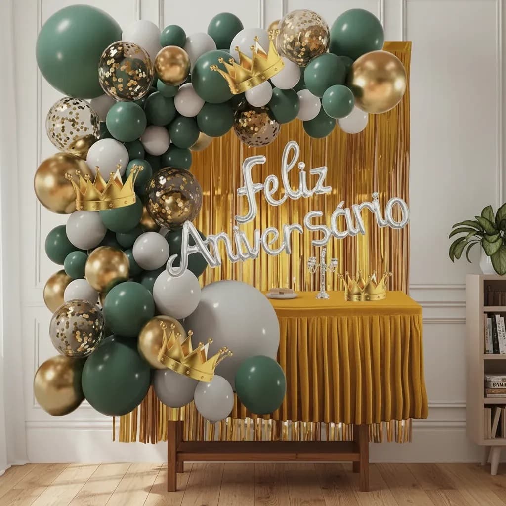 Kit 117 Pcs Balão Feliz Aniversario Cortinas Bexigas - Verde