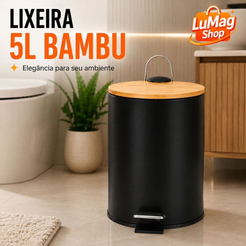 Lixeira Com Pedal 5L Tampa De Bambu Preta Banheiro Lavabo Escritório Moderna