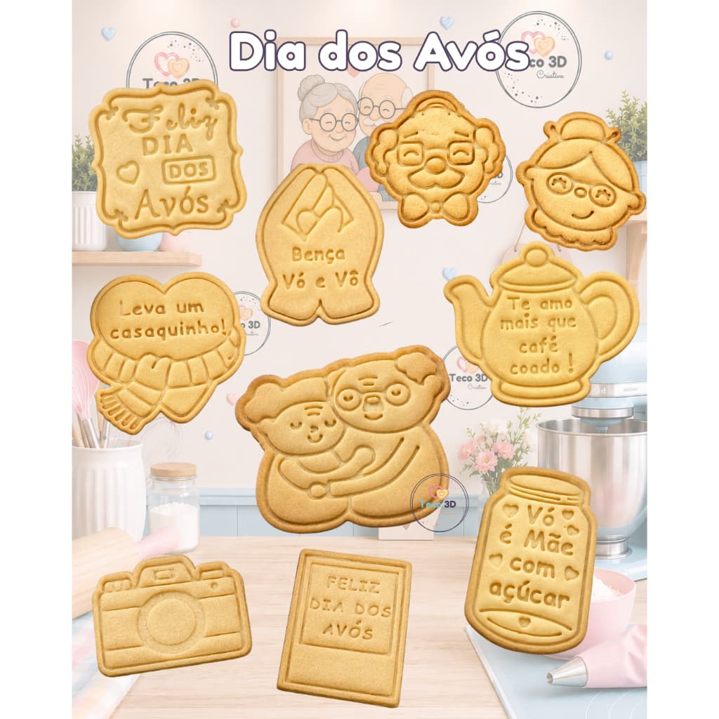 CORTADOR DE BISCOITO DIA DOS AVÓS + CARIMBO FELIZ DIA DOS AVÓS CORAÇÃO BENÇA BULA FOTOGRAFIA CONFEITARIA CULINÁRIA MASSA