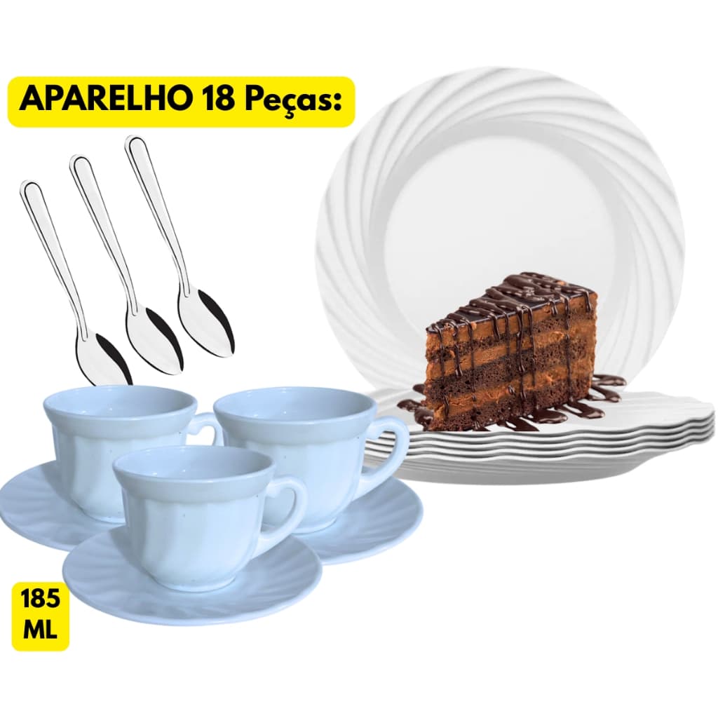 Conjunto 18 Peças Café Pratos Sobremesa Vidro Jasmim + 6 Xícaras C/ Pires + 6 Colheres Aço Inox Jogo