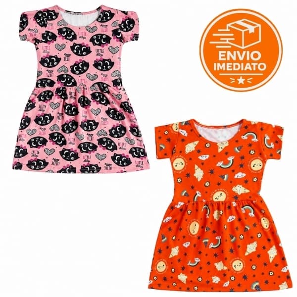 Kit 2 Vestidos Infantis Feminino Estampado Princesa Verão Festa Tecido Premium Poliéster e Elastano
