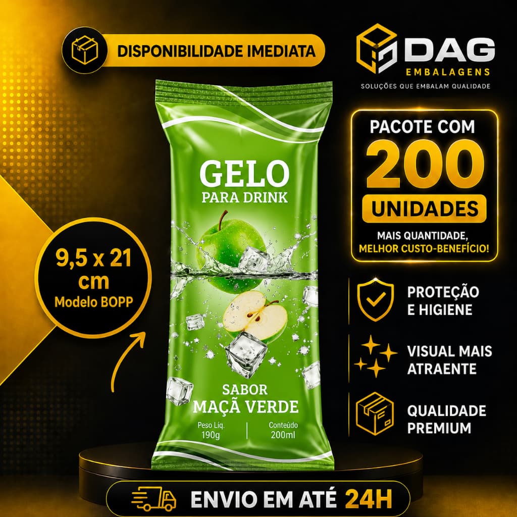 Embalagem para Gelo Saborizado (Sabor Maça Verde ) - 200 Embalagens Bopp 9,5 x 21 Saco Higienico Externo