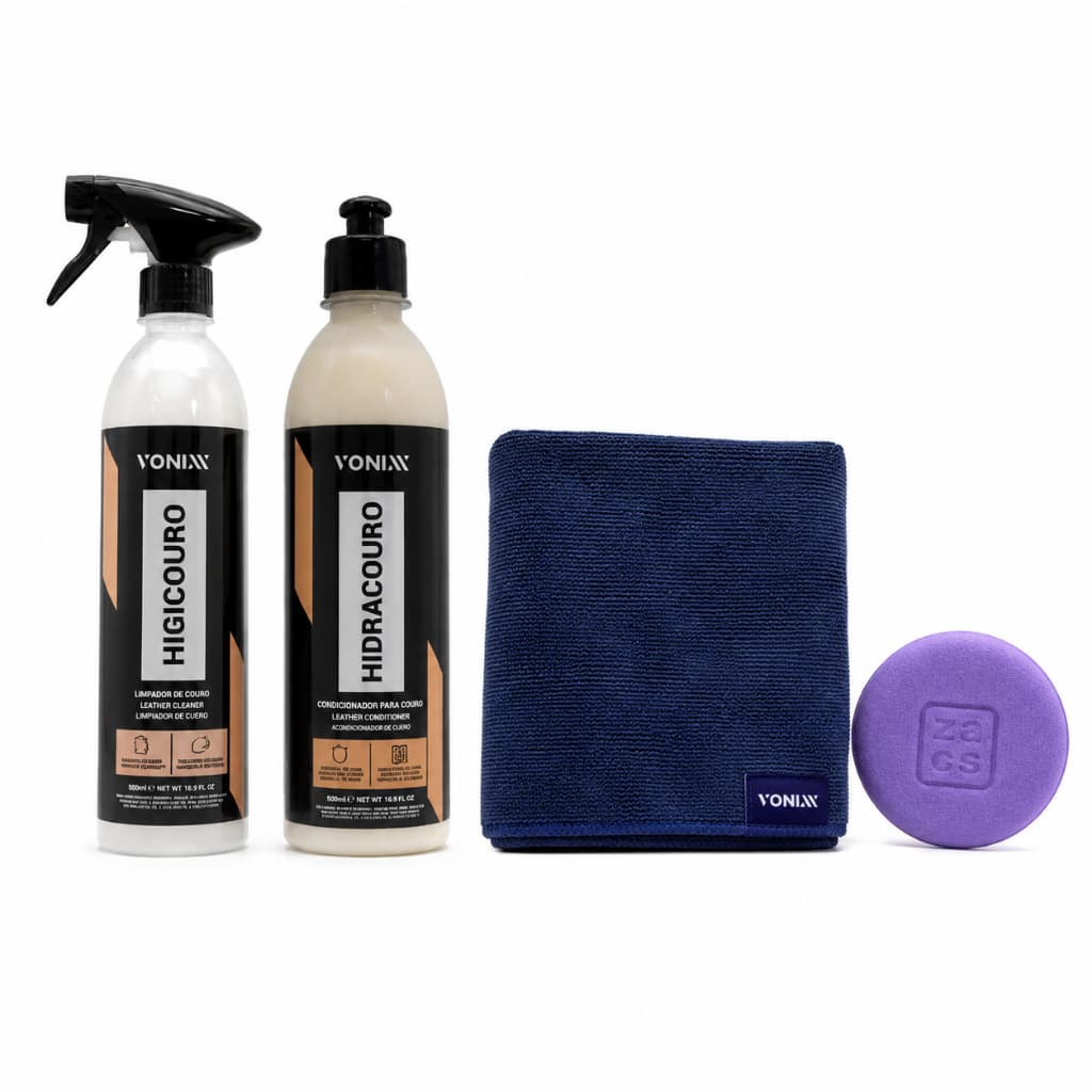 Kit Completo Limpeza e Hidratação de Couro Vonixx Higicouro + Hidracouro + Microfibra + Aplicador Zacs