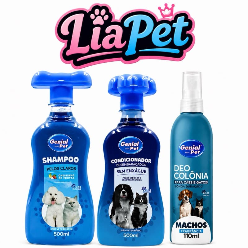 Kit Higiene Pet Genial Pet Shampoo + Condicionador Sem Enxágue + Deo Colônia Machos