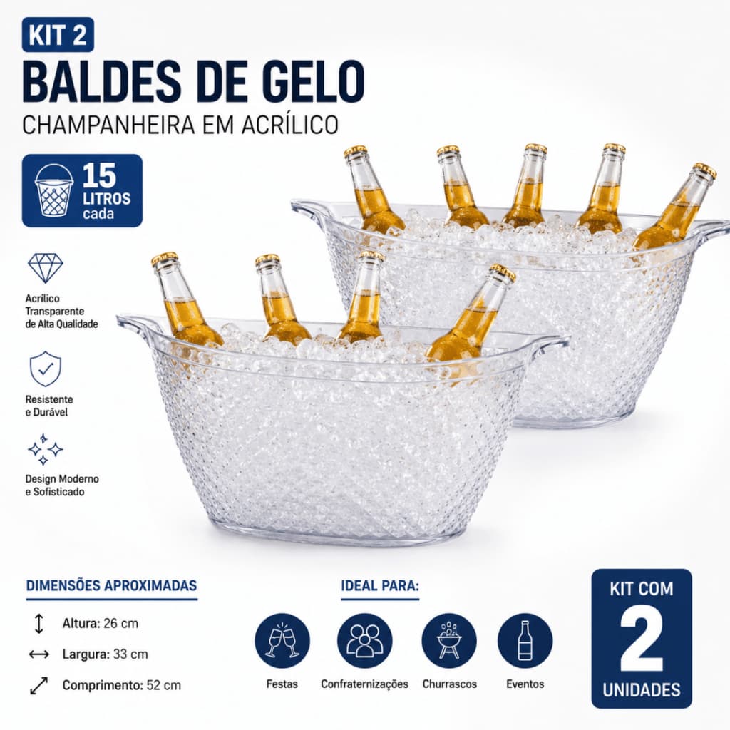 Kit 2 Champanheiras Diamond Acrílico Balde p/ Gelo Bebidas Festa Evento c/ Alça 15L Envio Imediato!!