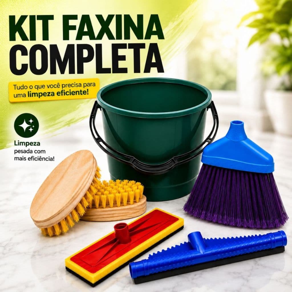 Kit Faxina Completa Balde 15L Reforçado Com Alça Vassoura Rodo 2 Escovas Limpeza Doméstica Multiuso