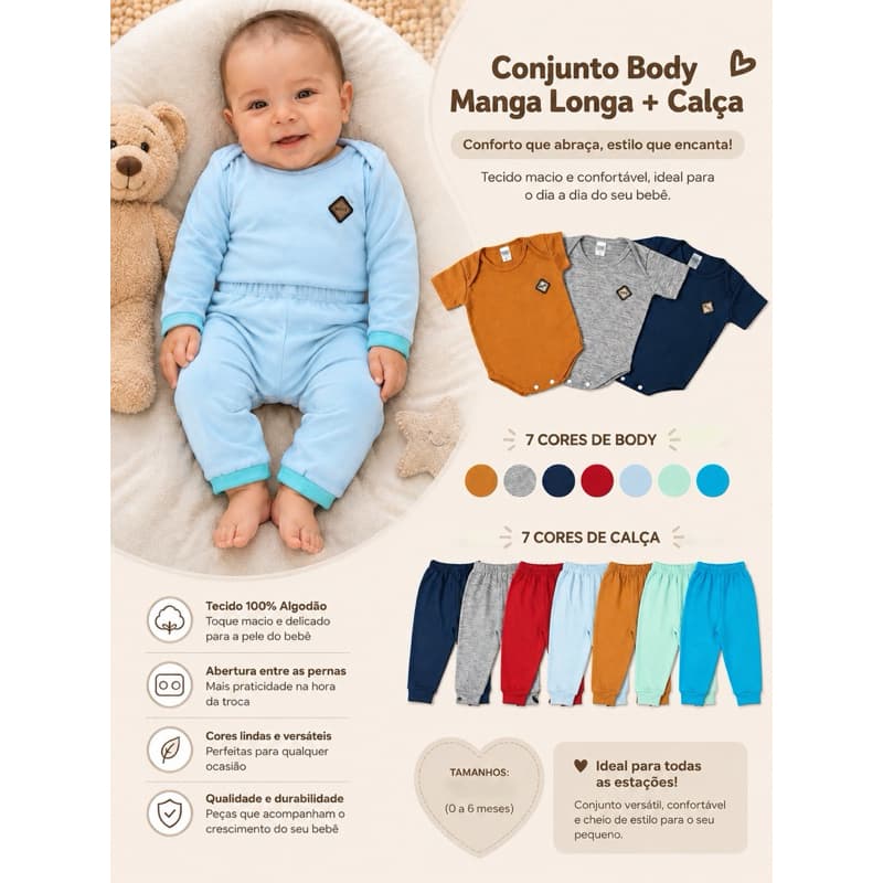 Kit 2 Peças Body e Calça Bebê Menino, 100% Algodão 0 á 6 Meses