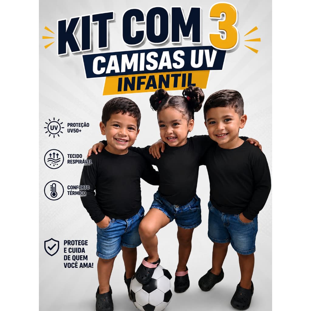 KIT COM 3 CAMISAS INFANTIS TERMICAS E UV