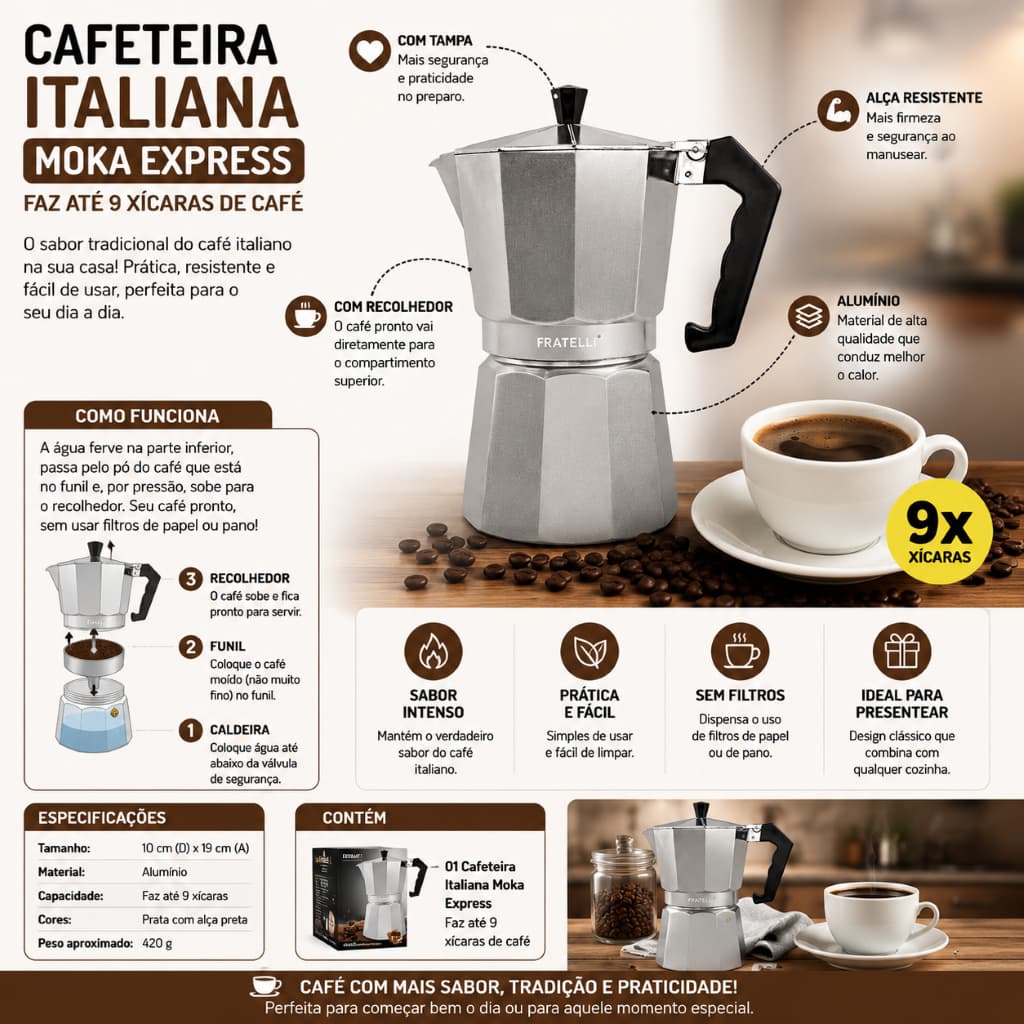 Cafeteira Italiana Moka Express Alumínio Preparo Rapido 9 Xícaras Café Tradicional