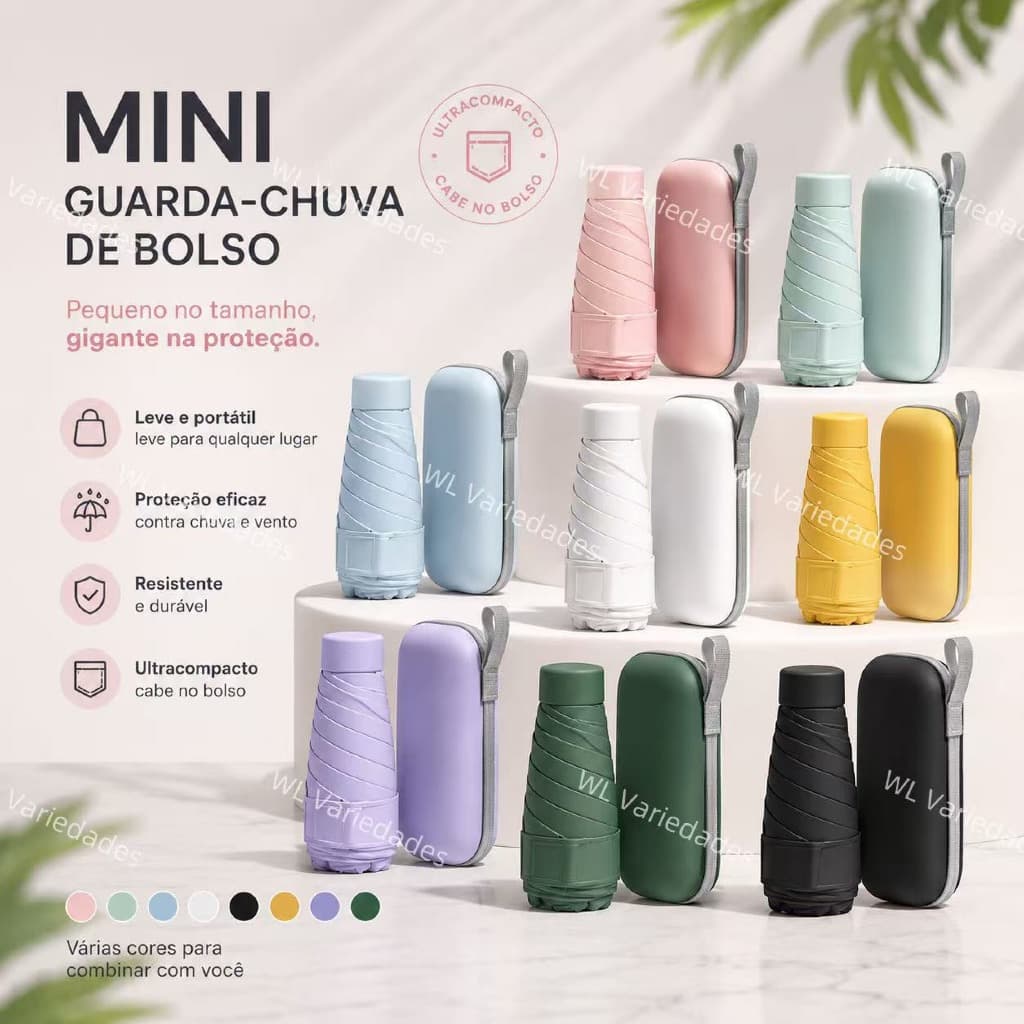 Mini Guarda-Chuva de bolso com estojo Guarda-chuva Sombrinha 5 dobras Para sol e chuva