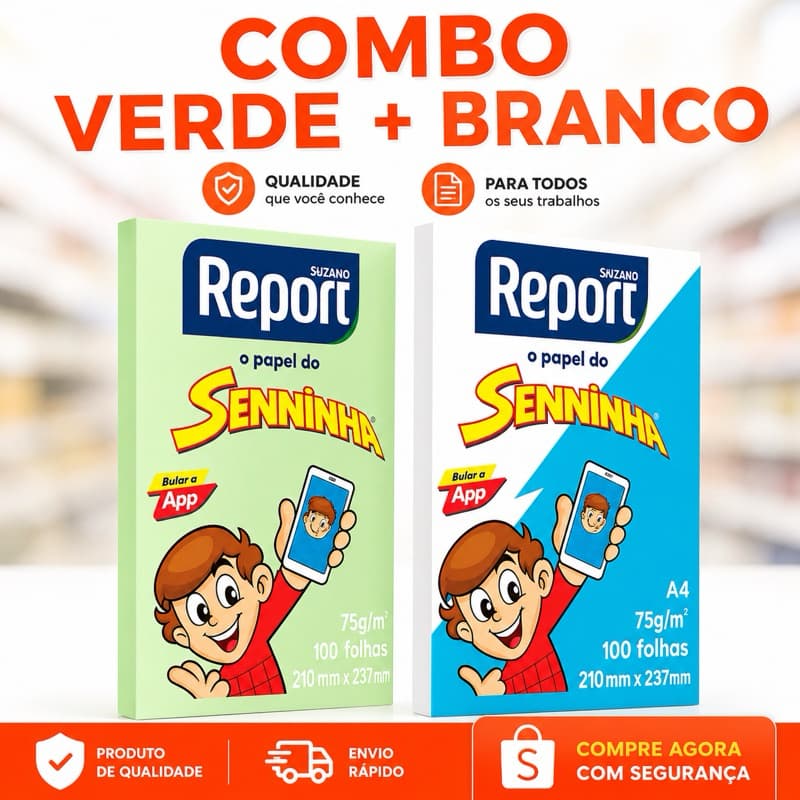 Combo Papel Senninha VERDE + BRANCO – A4 100 Folhas – Sulfite 75g Suzano