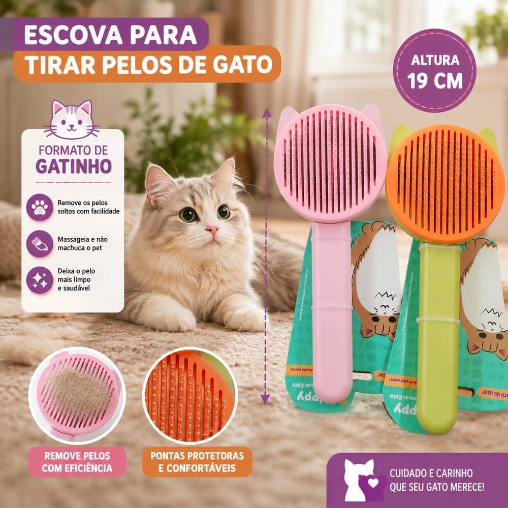 Escova Pet Formato Gatinho Remoção de Pelos Cães e Gatos Cerdas Metálicas Escovação Suave Anti Queda de Pelos